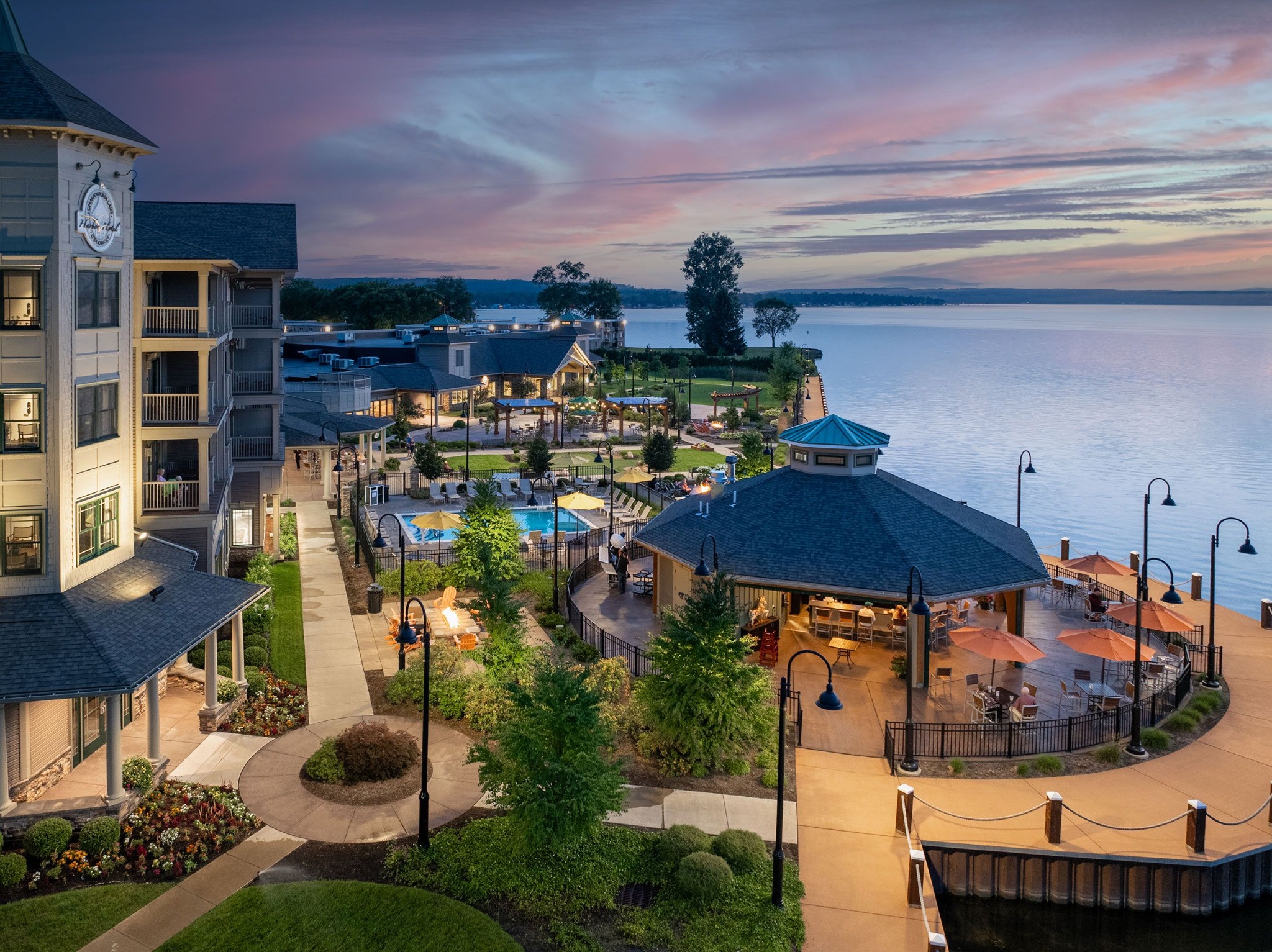 Chautauqua Harbor Hotel and lake at dusk